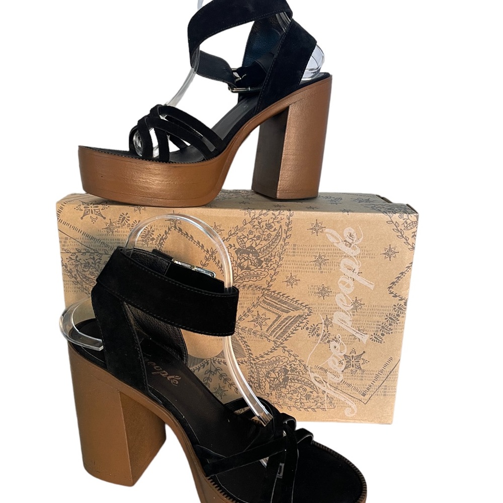 Free People Laney Suede Platform Block Heel Sandals Neutral Tone Size 39 US 8.5 - Picture 5 of 10